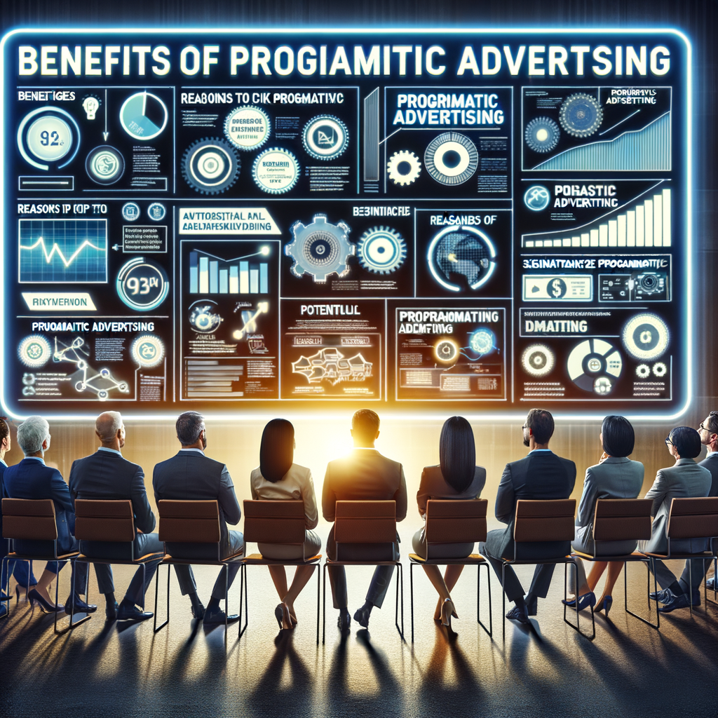 Diverse group of professionals analyzing infographics on a digital screen highlighting the benefits, strengths, and advantages of Programmatic Advertising for better marketing strategies